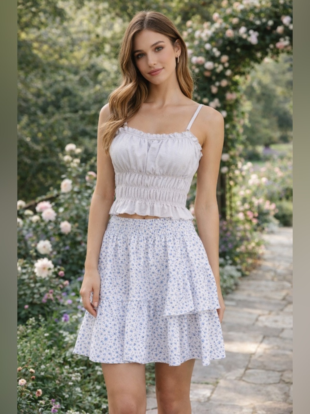White Smocked Cropped Tank Top and Blue Floral Skirt Outfit Size Small - Picture 1 of 15
